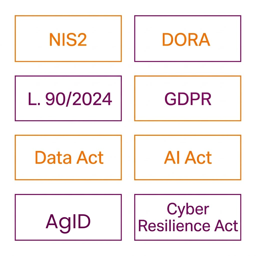 Quadro normativo compliance: NIS2, DORA, Legge 90/2024, GDPR, Data Act, AI Act, Linee Guida AgID e Cyber Resilience Act